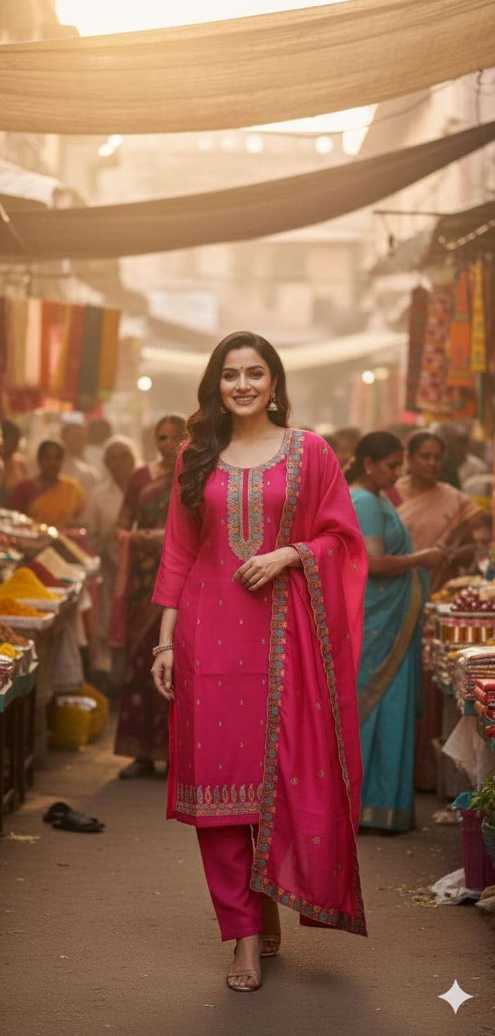 Magenta Embroidered Cotton Suit Set with Dupatta | Festive & Ethnic Wear for Women