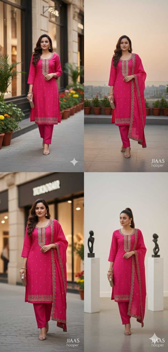Magenta Embroidered Cotton Suit Set with Dupatta | Festive & Ethnic Wear for Women