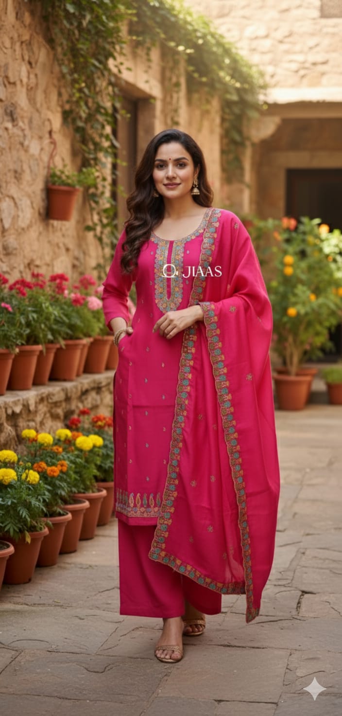 Magenta Embroidered Cotton Suit Set with Dupatta | Festive & Ethnic Wear for Women