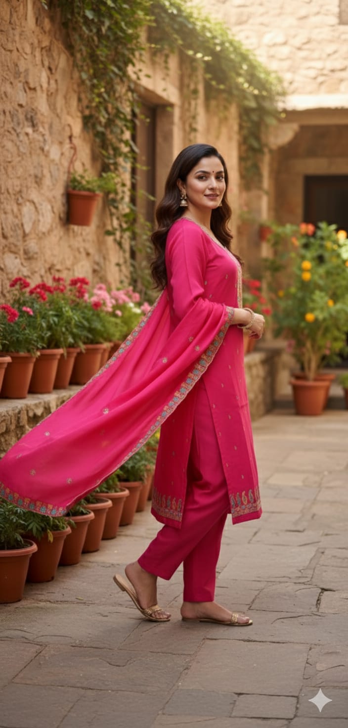Magenta Embroidered Cotton Suit Set with Dupatta | Festive & Ethnic Wear for Women