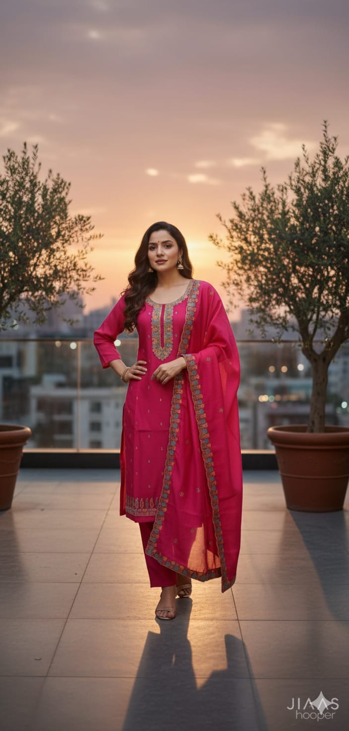 Magenta Embroidered Cotton Suit Set with Dupatta | Festive & Ethnic Wear for Women