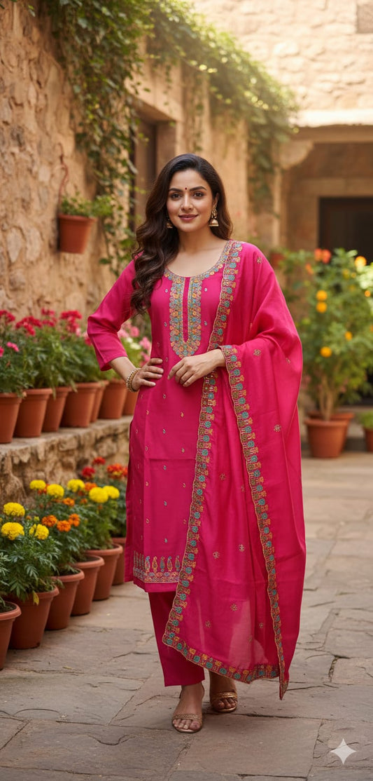 Magenta Embroidered Cotton Suit Set with Dupatta | Festive & Ethnic Wear for Women