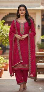 Magenta Embroidered Cotton Suit Set with Dupatta | Festive & Ethnic Wear for Women