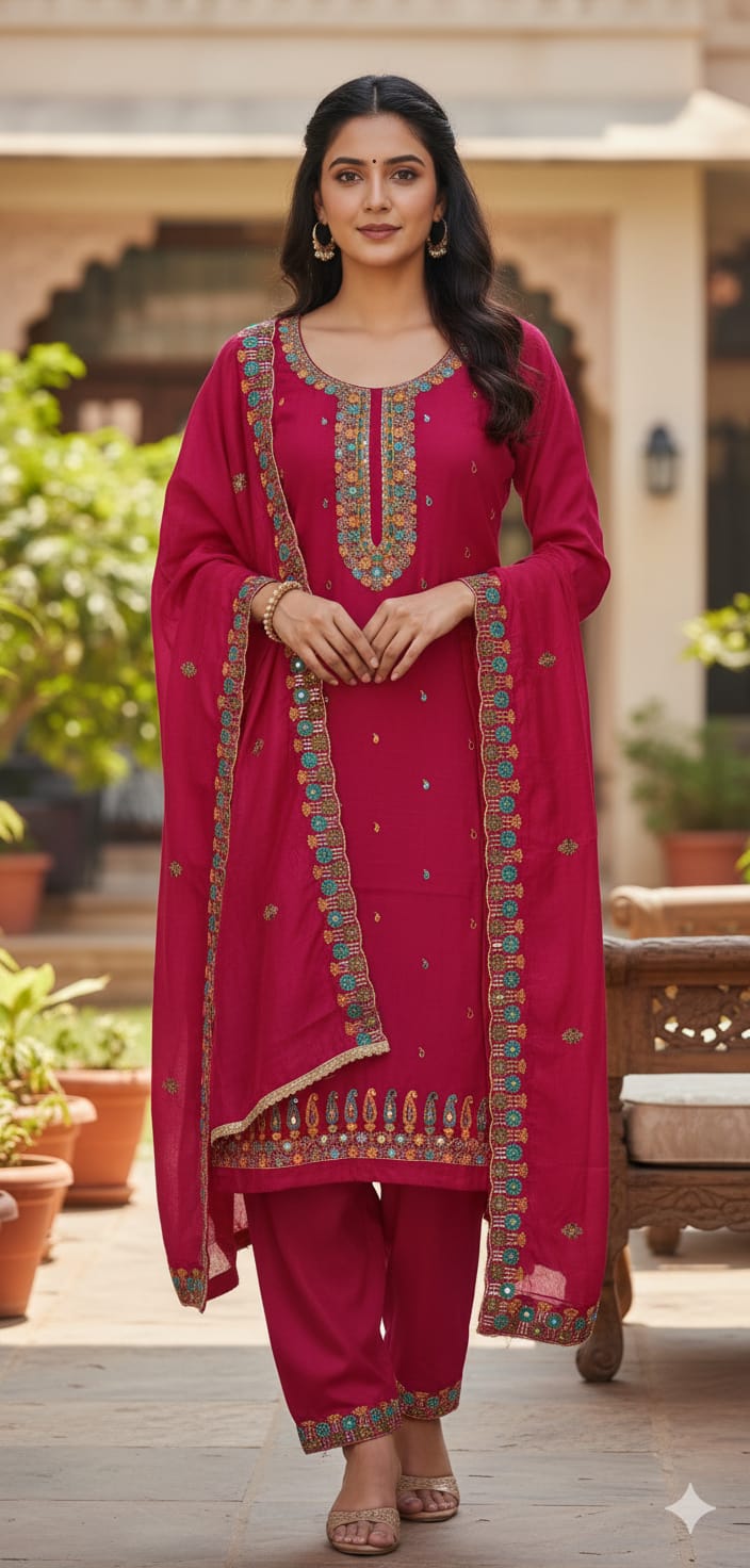 Magenta Embroidered Cotton Suit Set with Dupatta | Festive & Ethnic Wear for Women