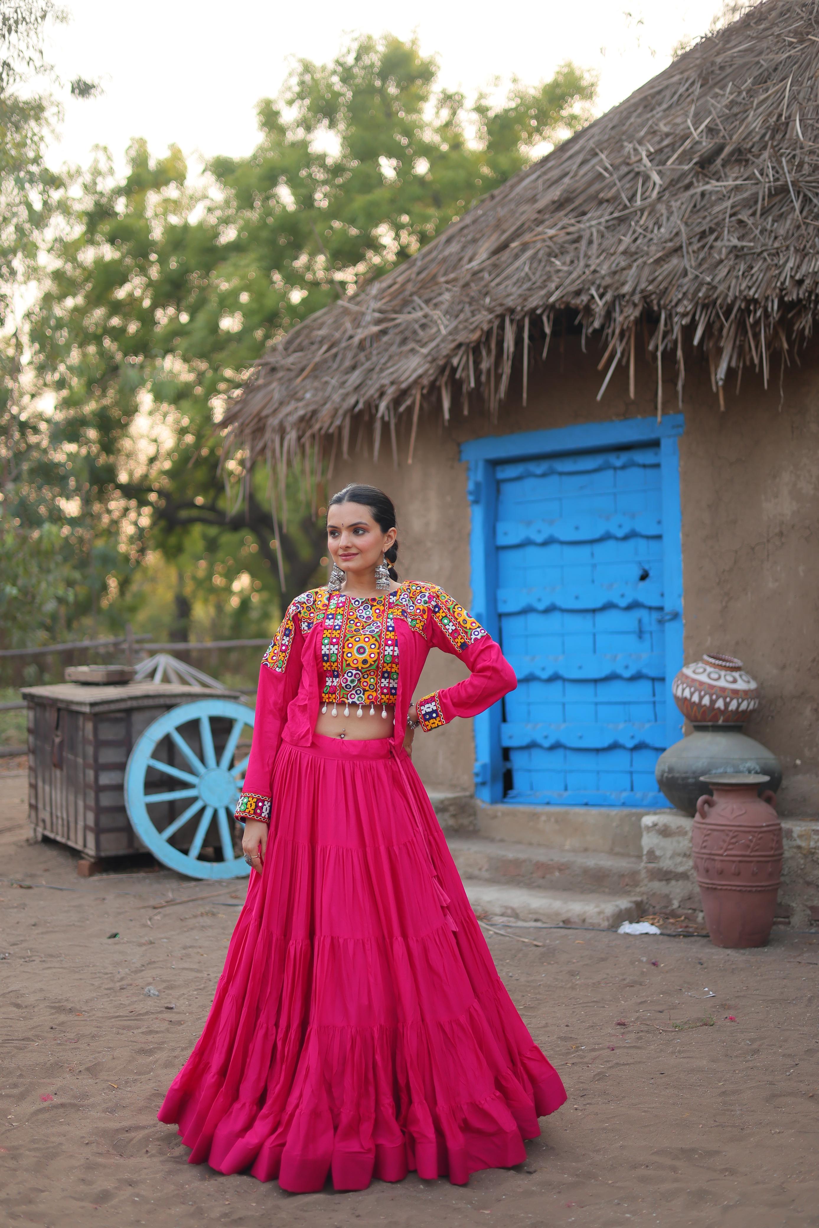 Pink Kutch Embroidered Chaniya Choli Set for Women | Mirror Work Navratri Garba Dress