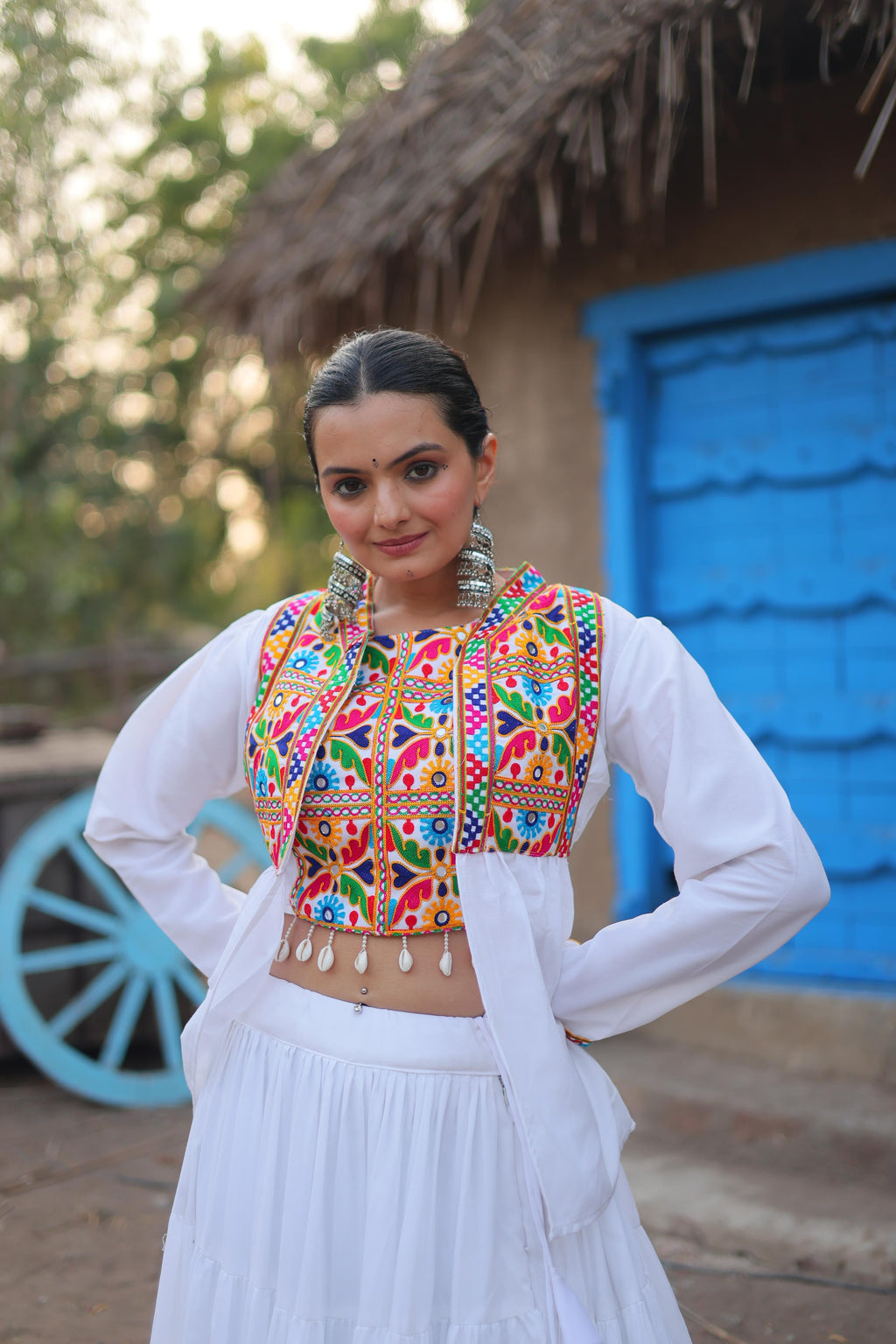 White Chaniya Choli Set | Kutch Embroidered Navratri Garba Dress