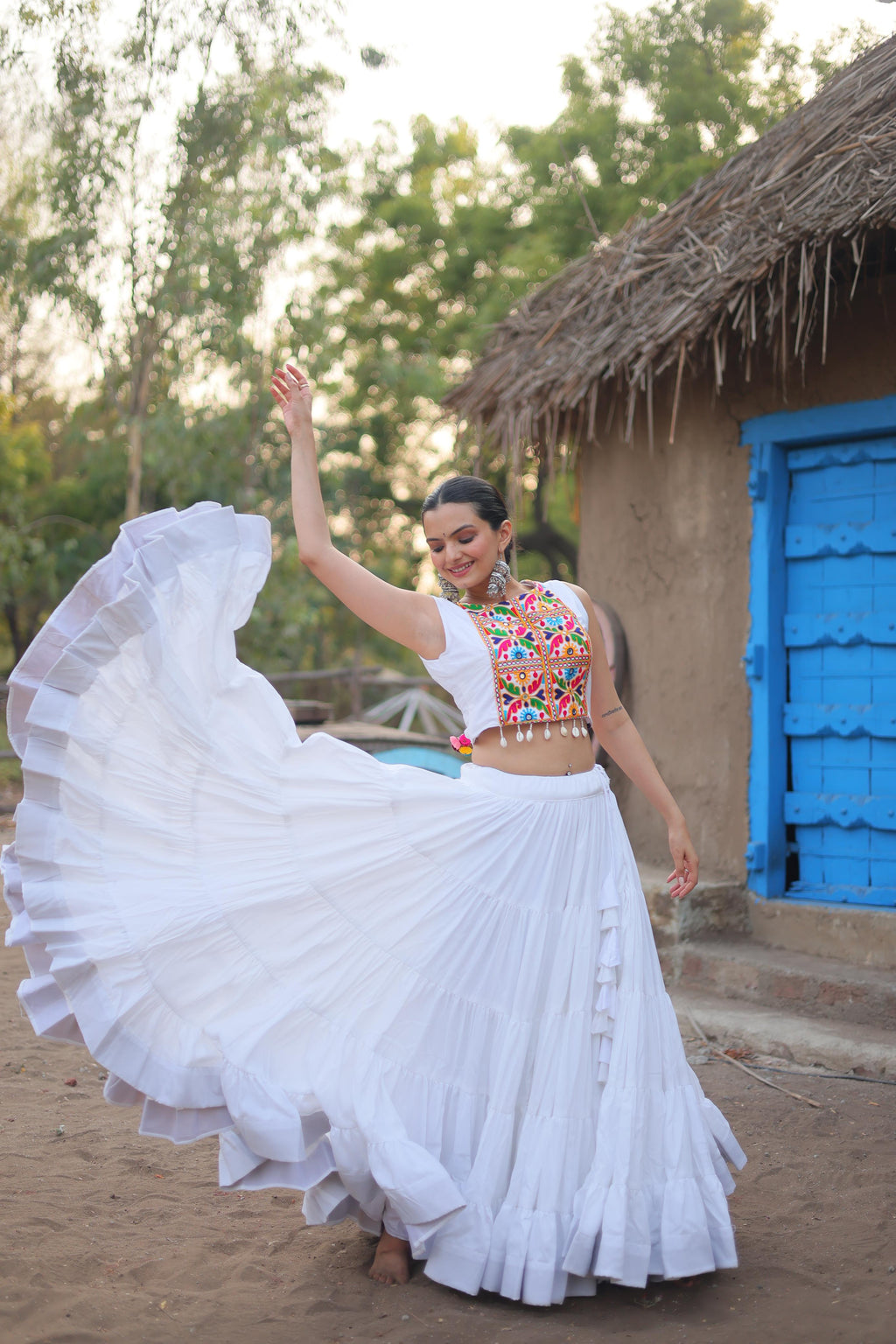 White Chaniya Choli Set | Kutch Embroidered Navratri Garba Dress