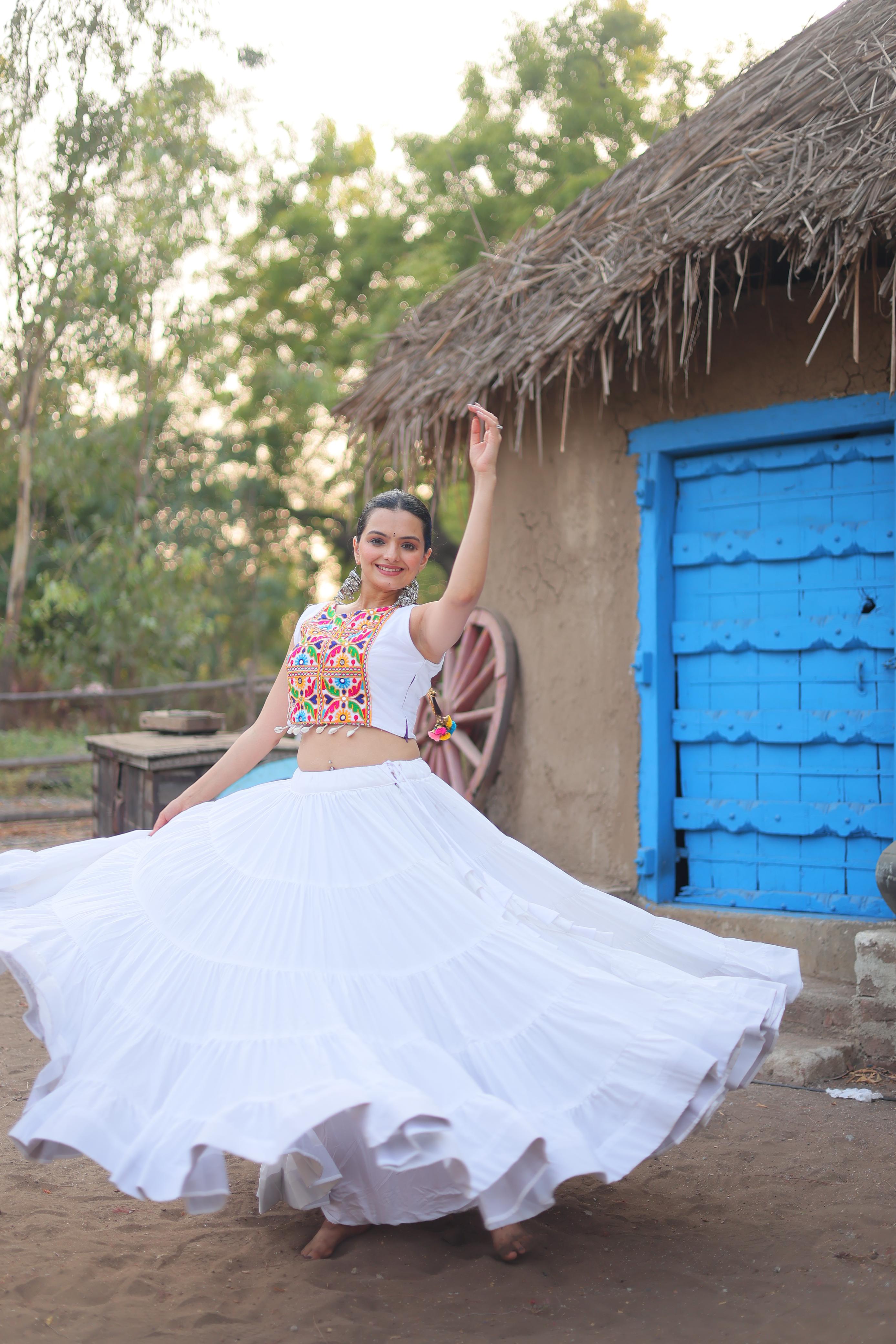 White Chaniya Choli Set | Kutch Embroidered Navratri Garba Dress
