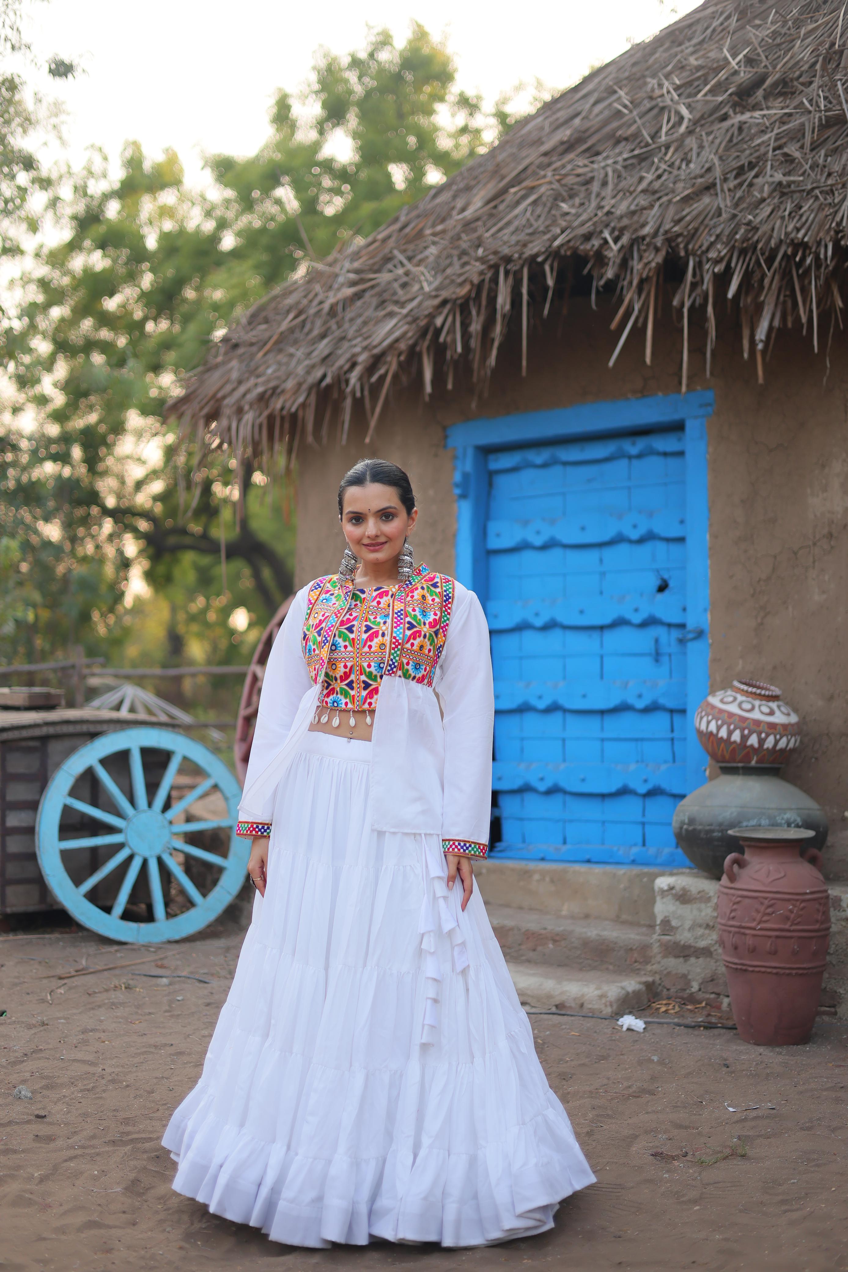 White Chaniya Choli Set | Kutch Embroidered Navratri Garba Dress