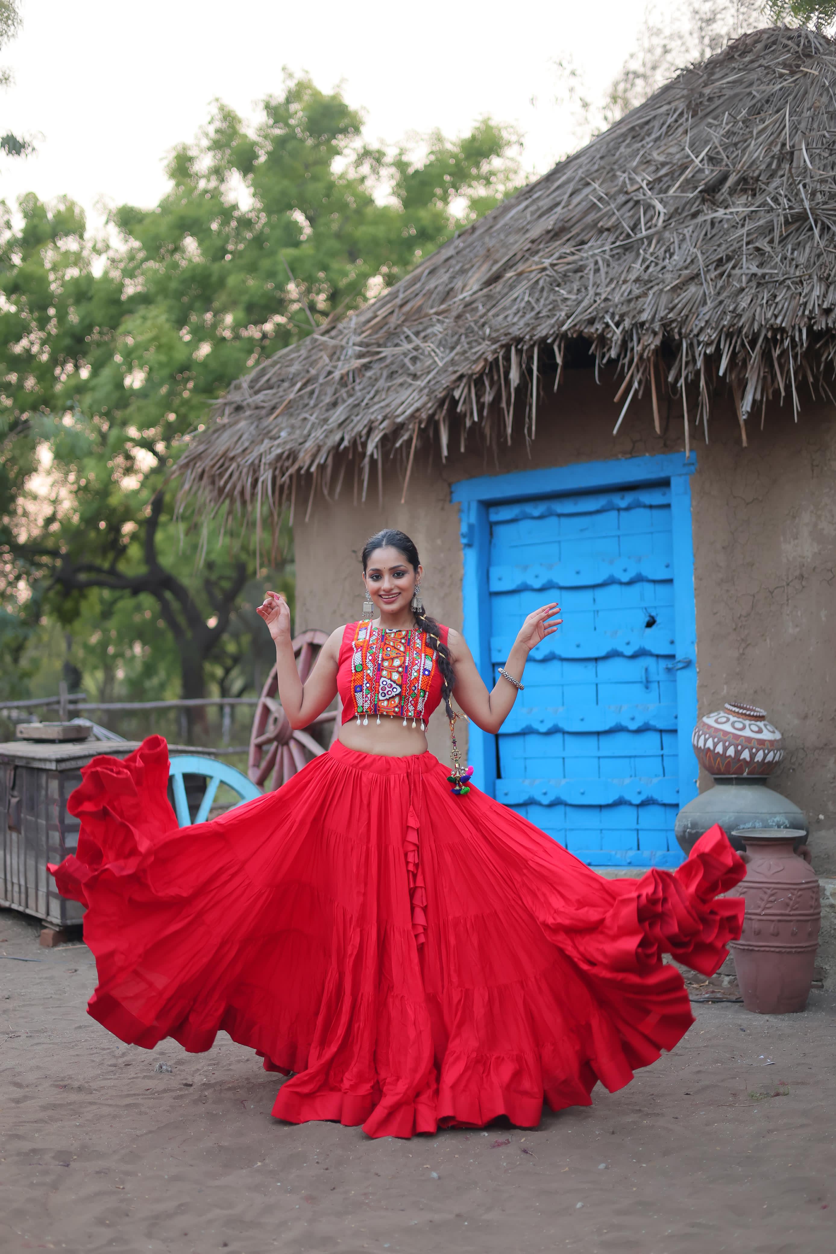 Women's Red Embroidered Chaniya Choli Set | Traditional Navratri Lehenga Choli