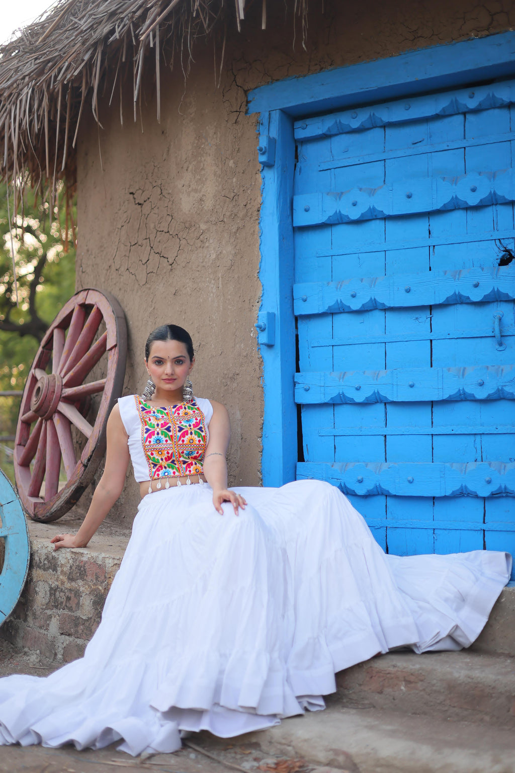 White Chaniya Choli Set | Kutch Embroidered Navratri Garba Dress