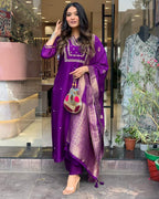 Women's Royal Purple Embroidered Kurta Set with Banarasi Dupatta | Festive Ethnic Wear