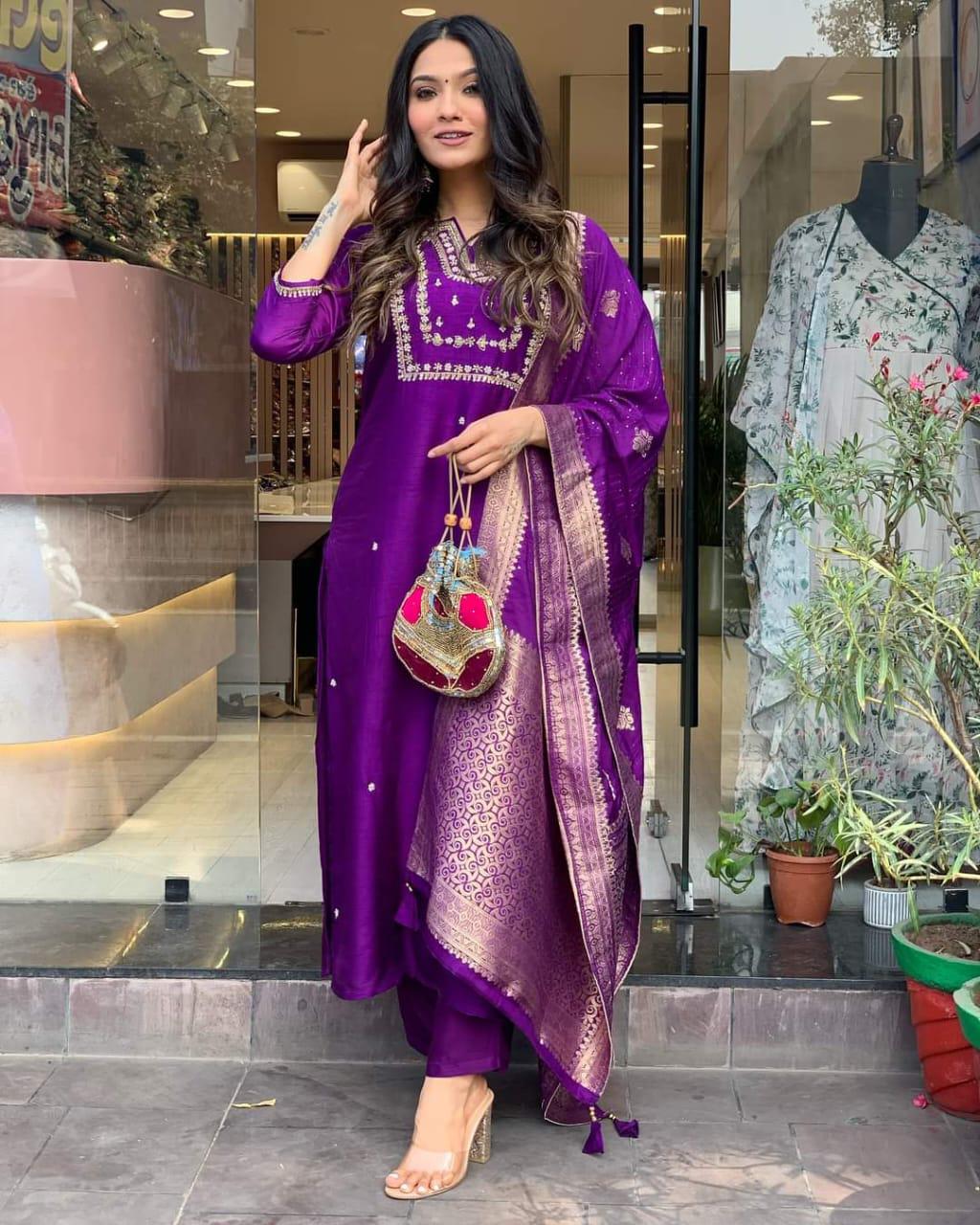 Women's Royal Purple Embroidered Kurta Set with Banarasi Dupatta | Festive Ethnic Wear