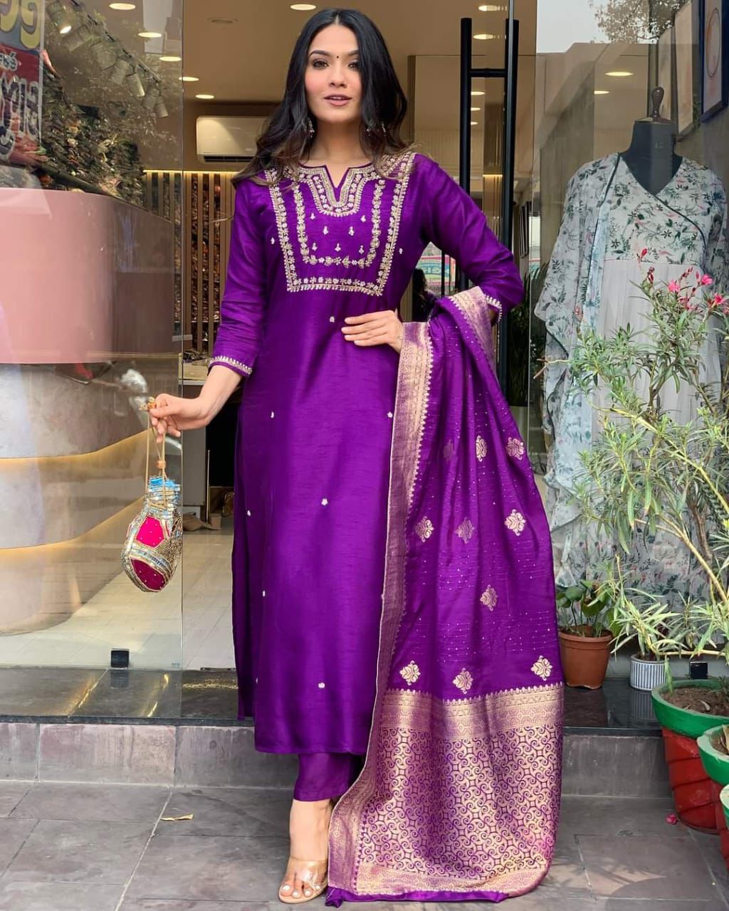 Women's Royal Purple Embroidered Kurta Set with Banarasi Dupatta | Festive Ethnic Wear