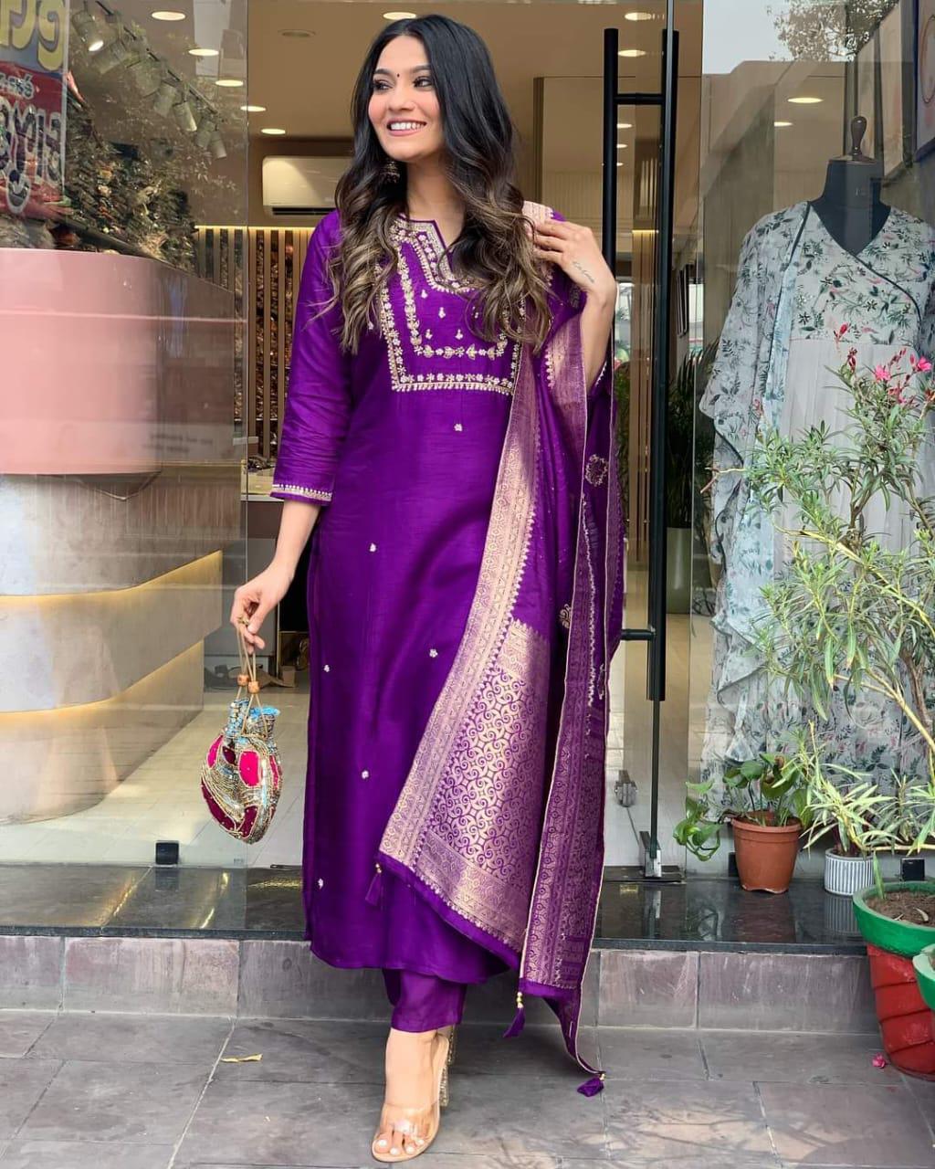 Women's Royal Purple Embroidered Kurta Set with Banarasi Dupatta | Festive Ethnic Wear