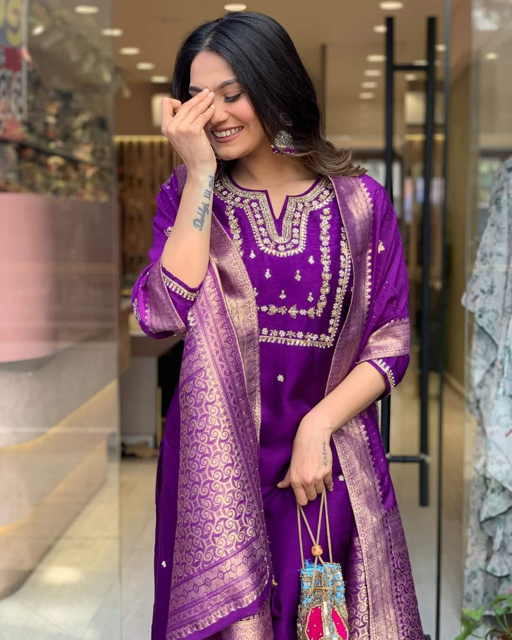 Women's Royal Purple Embroidered Kurta Set with Banarasi Dupatta | Festive Ethnic Wear