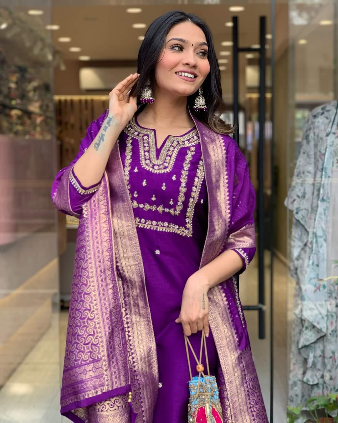 Women's Royal Purple Embroidered Kurta Set with Banarasi Dupatta | Festive Ethnic Wear