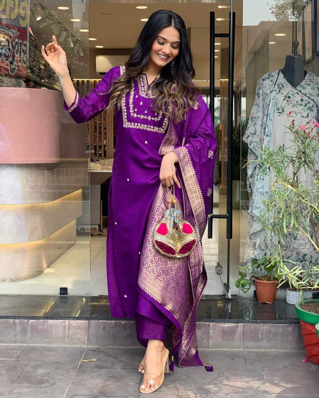 Women's Royal Purple Embroidered Kurta Set with Banarasi Dupatta | Festive Ethnic Wear