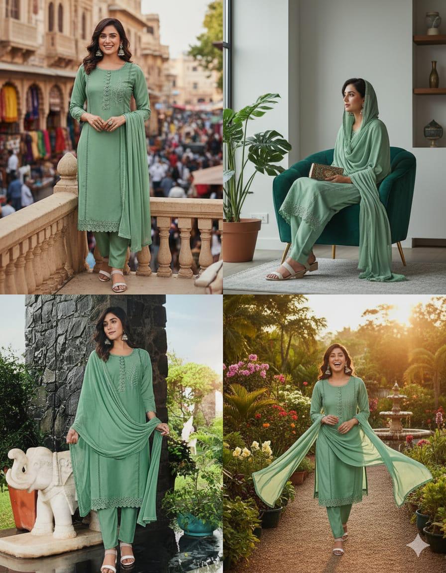 Sea Green Embroidered Kurta Set with Dupatta for Women