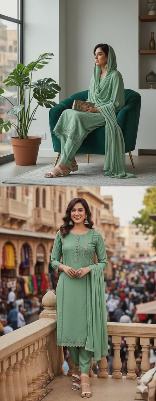 Sea Green Embroidered Kurta Set with Dupatta for Women