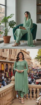 Sea Green Embroidered Kurta Set with Dupatta for Women