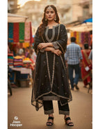 Black Floral Embroidered Kurta Set for Women