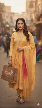 Mustard Yellow Embroidered Kurta Pant Set with Pink Dupatta for Women