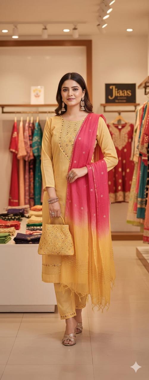 Mustard Yellow Embroidered Kurta Pant Set with Pink Dupatta for Women