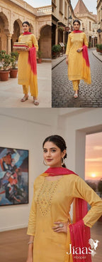 Mustard Yellow Embroidered Kurta Pant Set with Pink Dupatta for Women