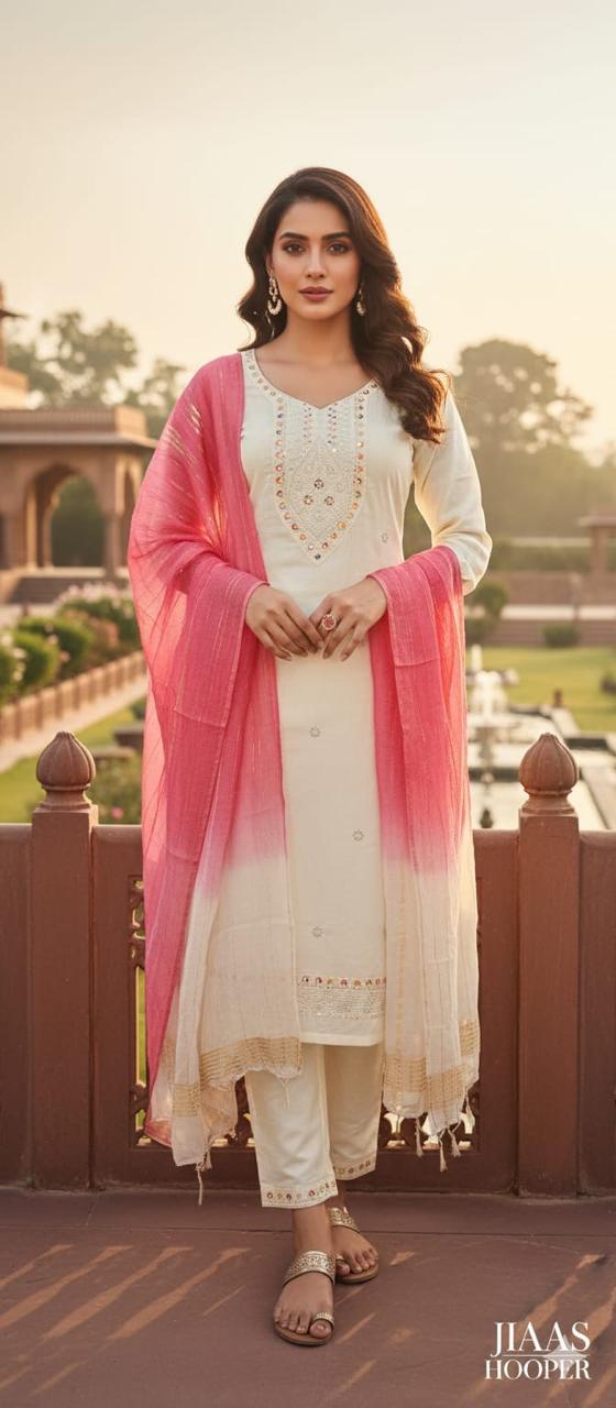 Ivory White Embroidered Kurta Pant Dupatta Set for Women | Elegant Ethnic Wear