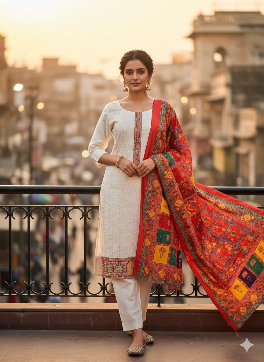 Traditional White Cotton Kurta with Designer Border