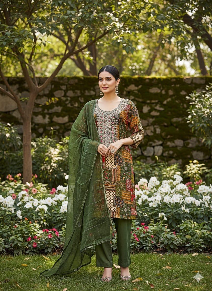 Olive Green Printed Kurta Pant Dupatta Set for Women | Bohemian Ethnic Wear