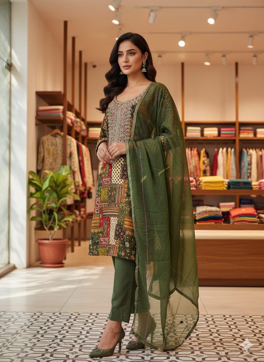 Olive Green Printed Kurta Pant Dupatta Set for Women | Bohemian Ethnic Wear