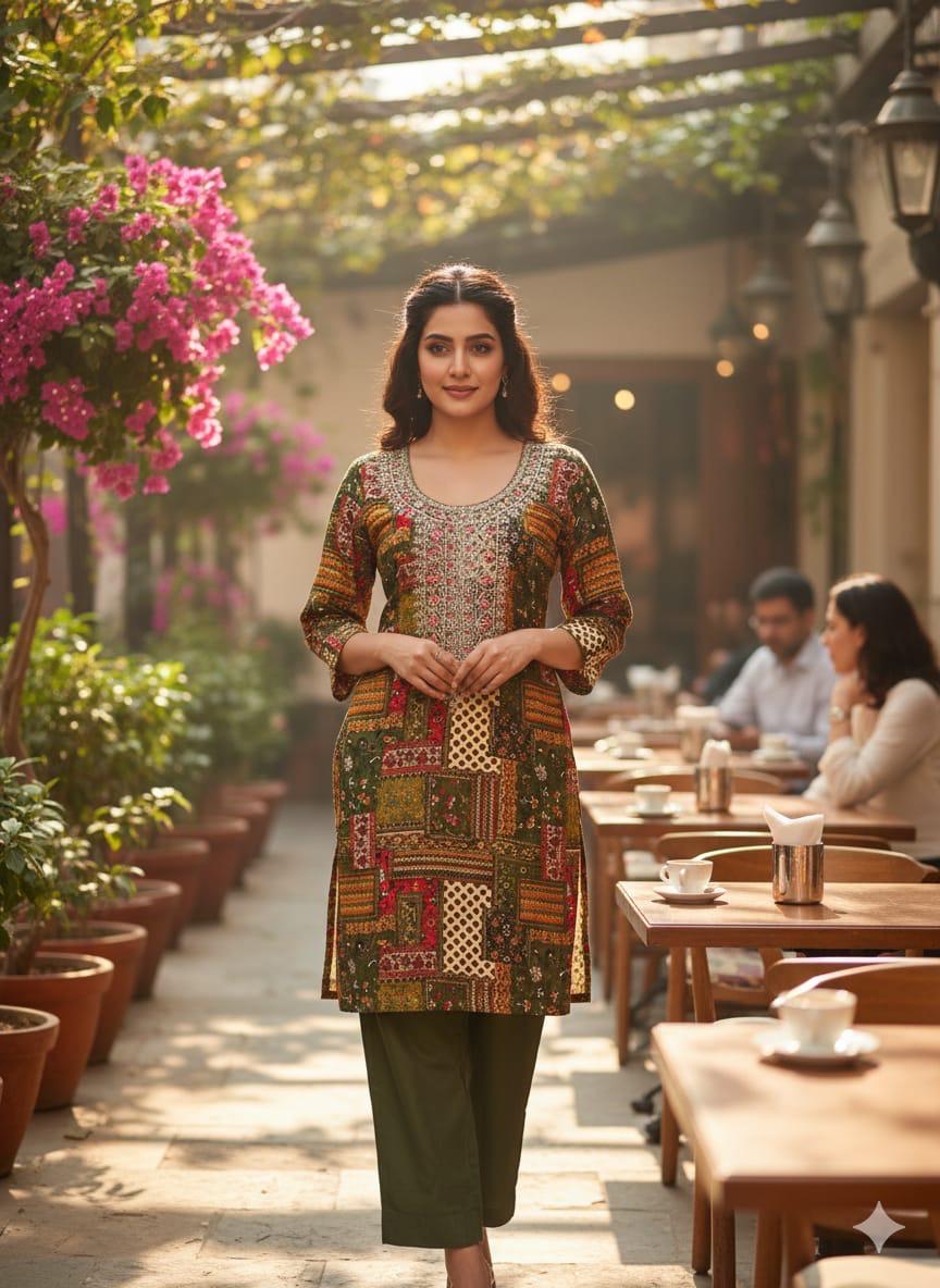 Olive Green Printed Kurta Pant Dupatta Set for Women | Bohemian Ethnic Wear