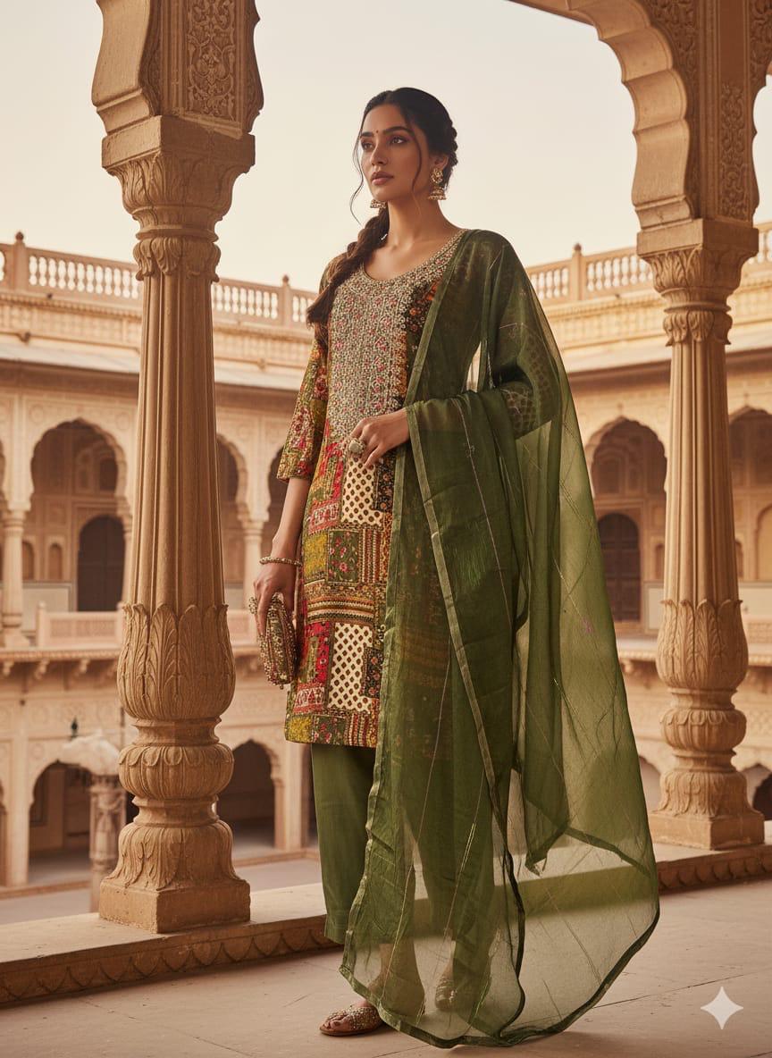 Olive Green Printed Kurta Pant Dupatta Set for Women | Bohemian Ethnic Wear