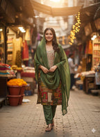 Olive Green Printed Kurta Pant Dupatta Set for Women | Bohemian Ethnic Wear