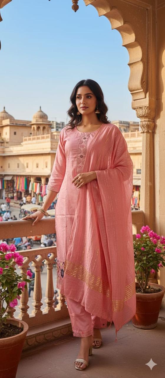 Women's Blush Pink Kurta Pant Set with Dupatta – Premium Ethnic Suit