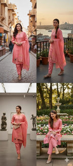 Women's Blush Pink Kurta Pant Set with Dupatta – Premium Ethnic Suit