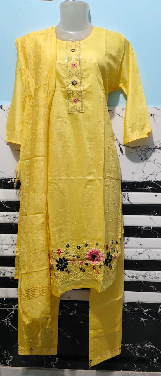 Yellow Floral Embroidered Kurta Pant Set