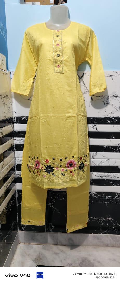 Yellow Floral Embroidered Kurta Pant Set