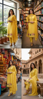 Yellow Floral Embroidered Kurta Pant Set