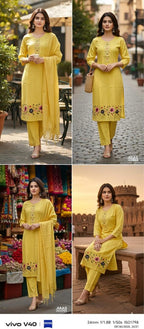 Yellow Floral Embroidered Kurta Pant Set