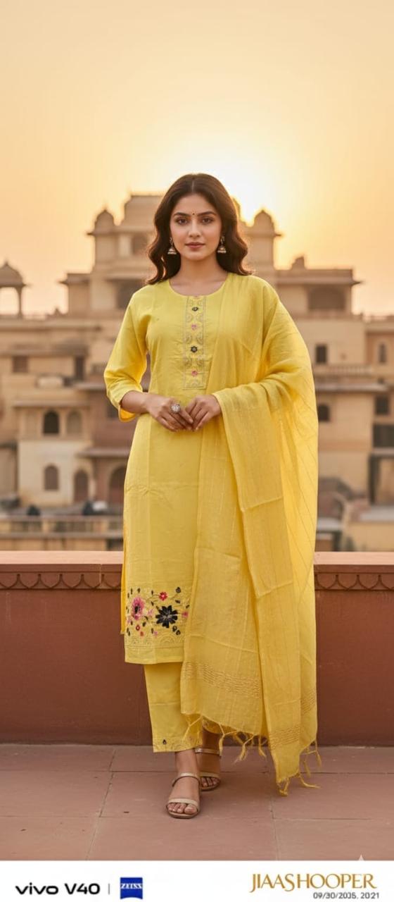 Yellow Floral Embroidered Kurta Pant Set