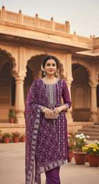 Women’s Wine Embroidered Kurta Pant Set | Elegant Party Wear Ethnic Suit
