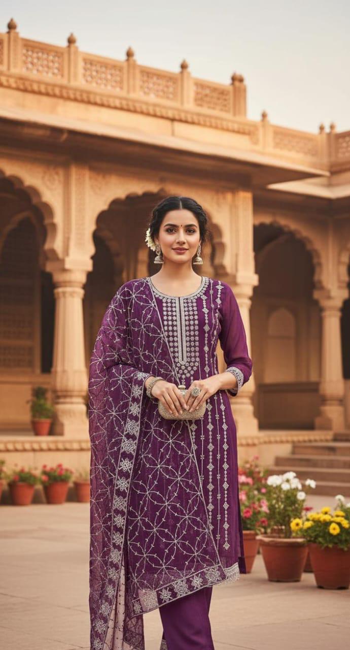 Women’s Wine Embroidered Kurta Pant Set | Elegant Party Wear Ethnic Suit