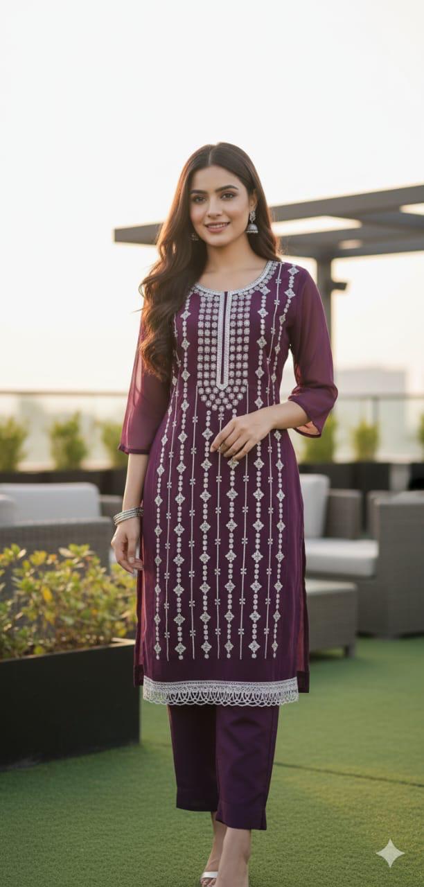 Women’s Wine Embroidered Kurta Pant Set | Elegant Party Wear Ethnic Suit