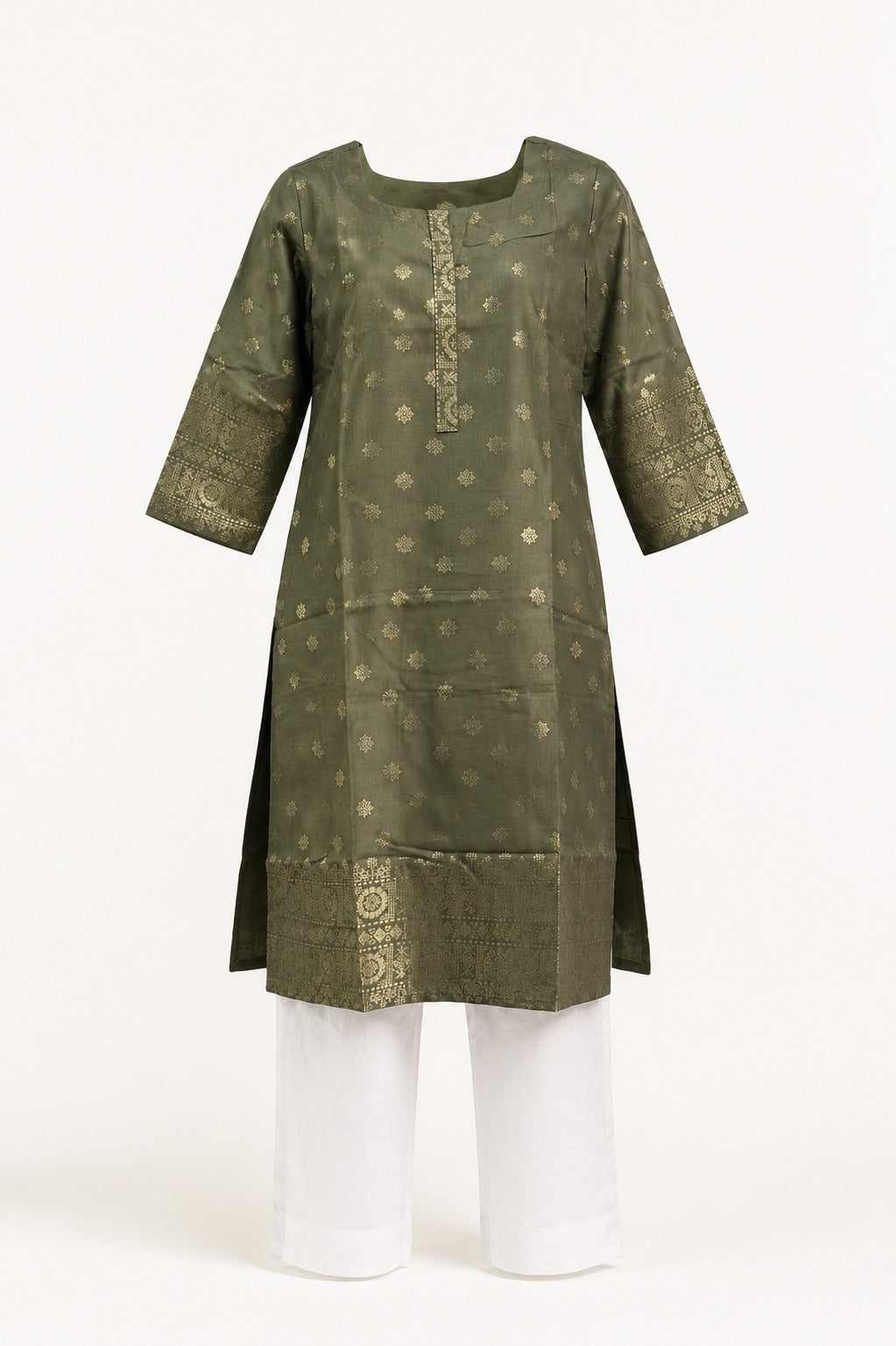Women’s Olive Green Printed Straight Kurta with White Pants | Elegant Ethnic Wear