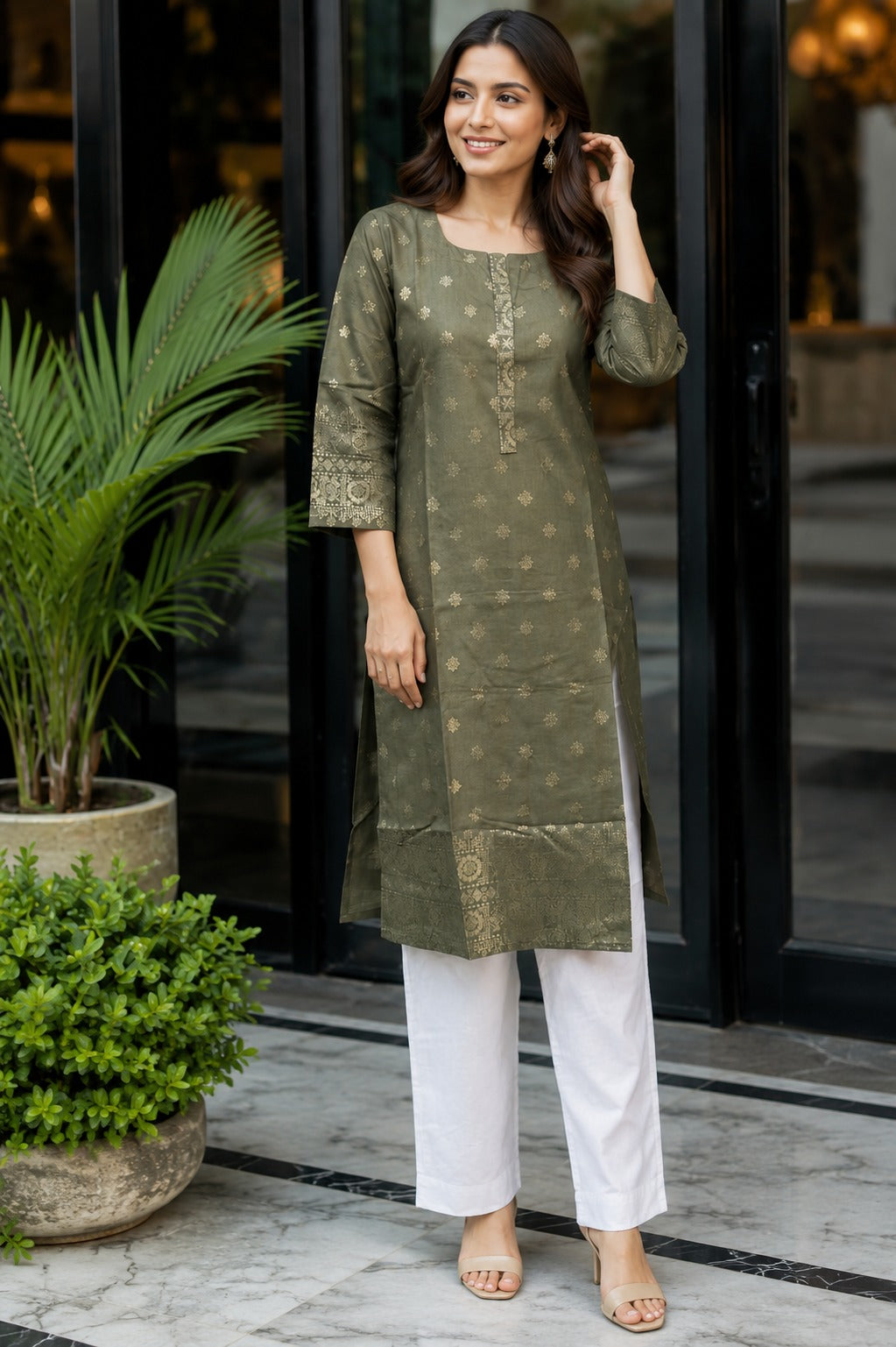 Women’s Olive Green Printed Straight Kurta with White Pants | Elegant Ethnic Wear