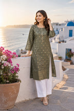 Women’s Olive Green Printed Straight Kurta with White Pants | Elegant Ethnic Wear