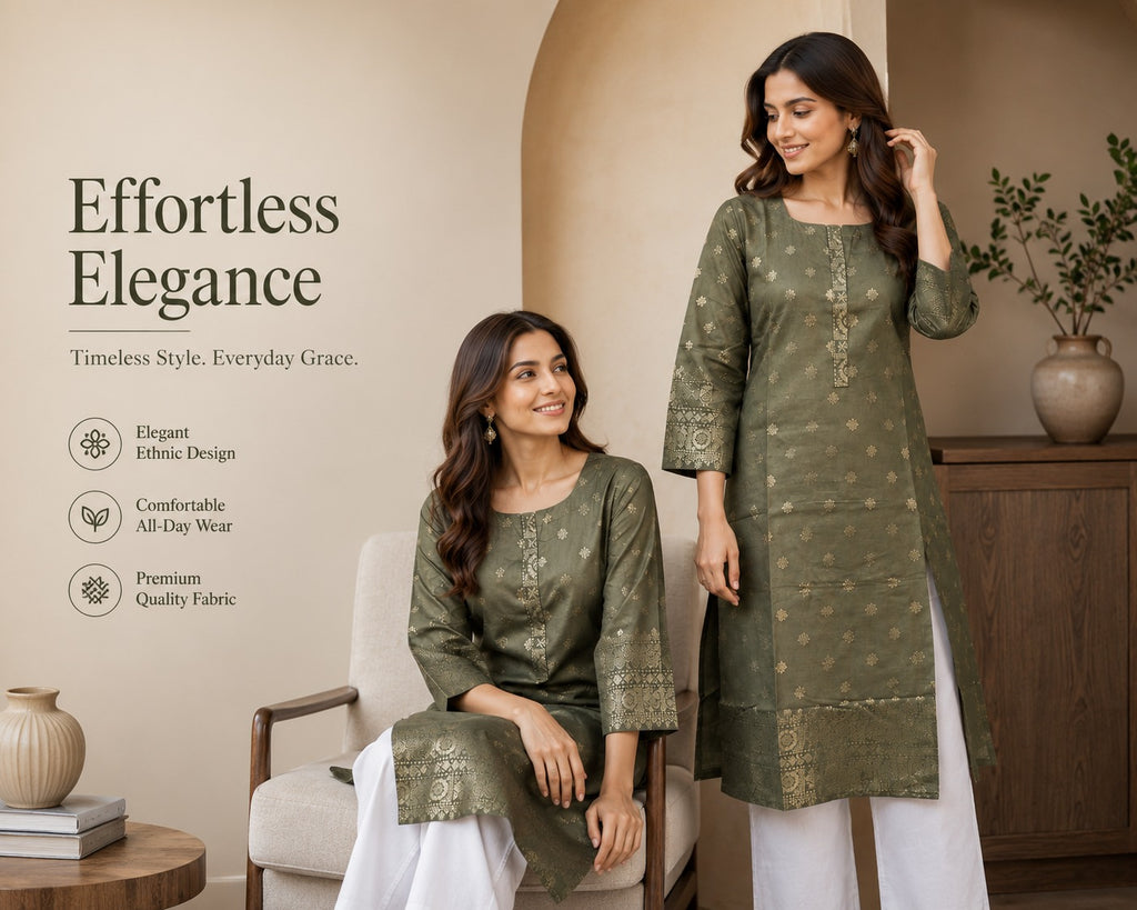 Women’s Olive Green Printed Straight Kurta with White Pants | Elegant Ethnic Wear